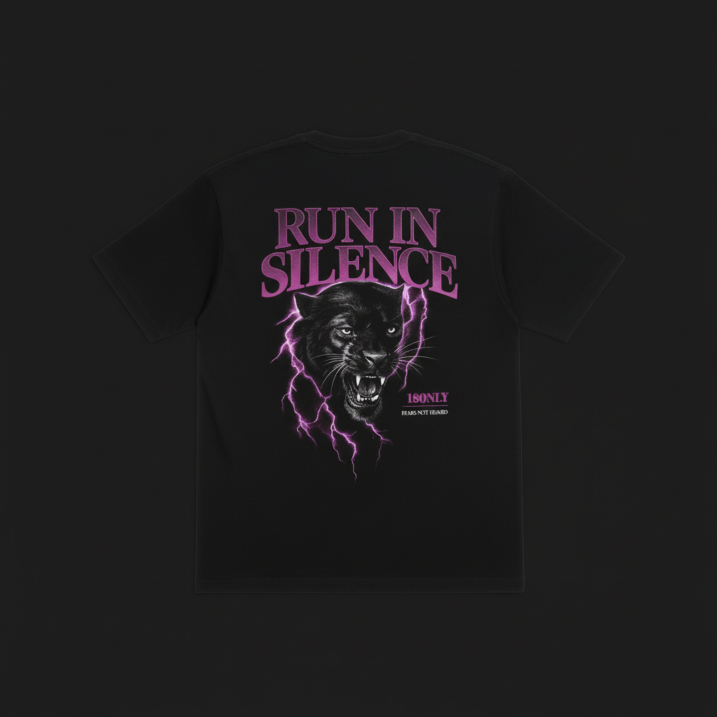 Flat lay of back of shirt with Run In Silence panther design